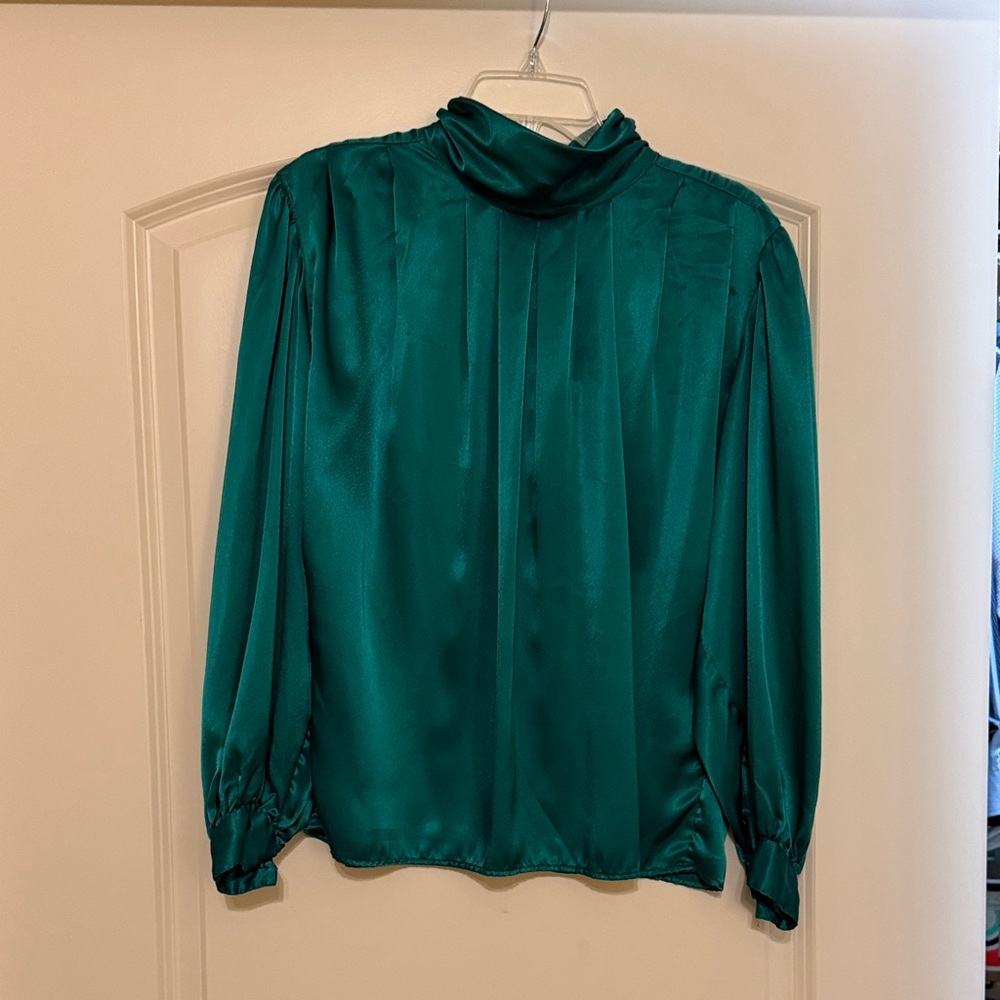 Vintage  Green Satin Mock Neck Women's Blouse